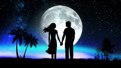 A couple hold hands on open ground with a bright cratered moon rising between them, palms leaning in from the left and a faint blue aurora along the horizon.