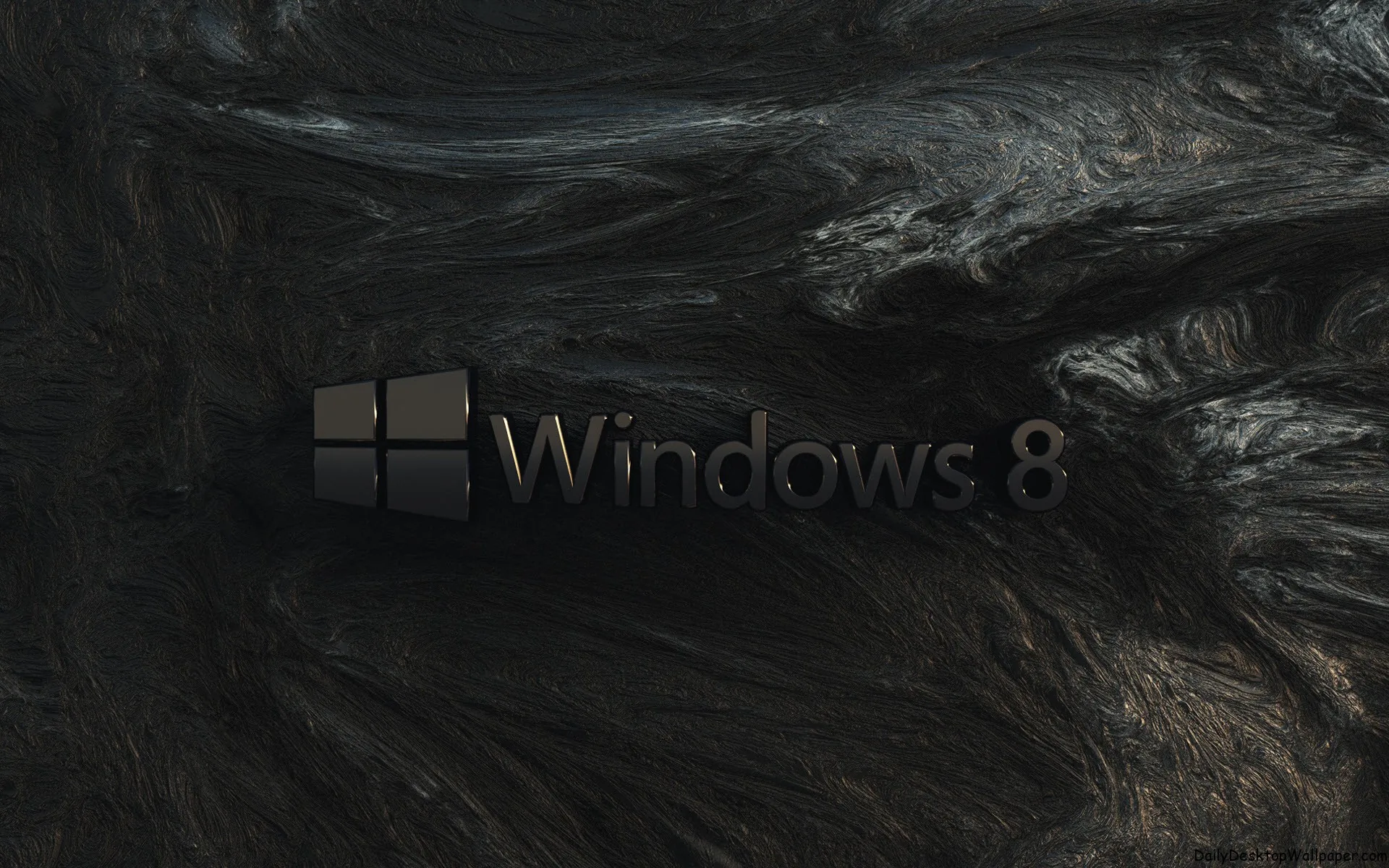 The Windows 8 logo and name sit on a rippled dark bark surface, faint blue and rust tones in the grain.