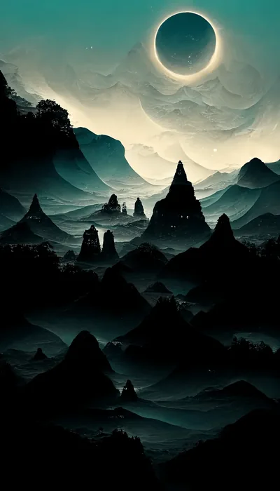 A ringed eclipse hangs over rows of jagged peaks fading into teal haze, each ridge flatter and paler than the one in front.