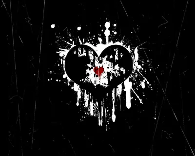 A grunge paint-splatter heart in white drips down a scratched black surface, one small red spot marking its middle.