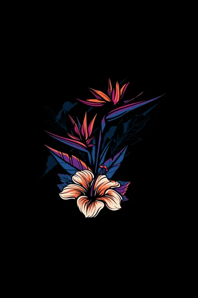 Orange and violet bird of paradise blooms open above a pale hibiscus, the leaves fanning out into solid black on every side.