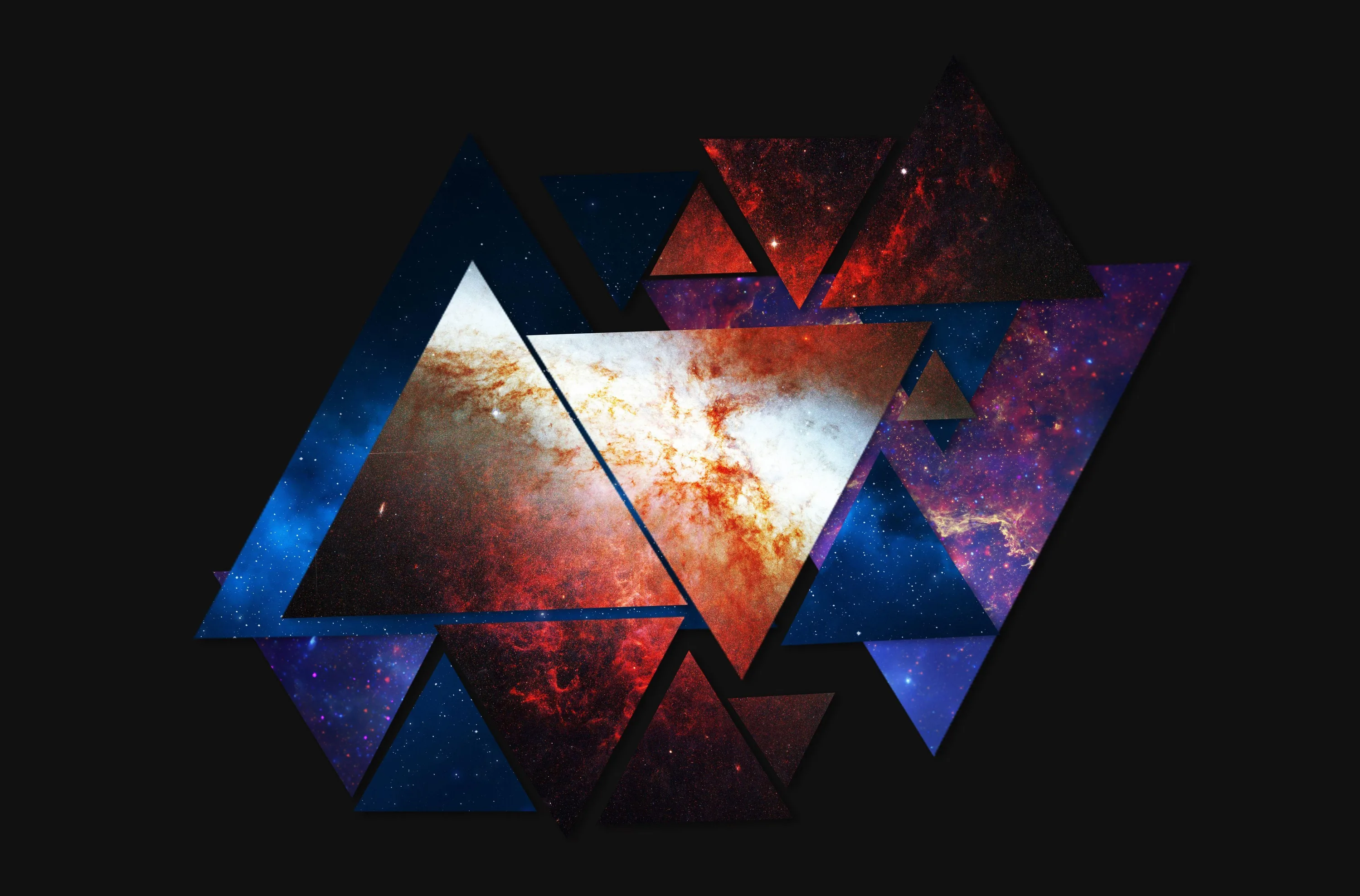 Overlapping triangles cut windows into a star field, the largest one framing an orange galaxy, all floating on a solid black backdrop made for OLED.
