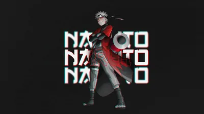 The word NARUTO stacked three times in glitched white type on charcoal, with a red-coated figure standing over the letters on the right.