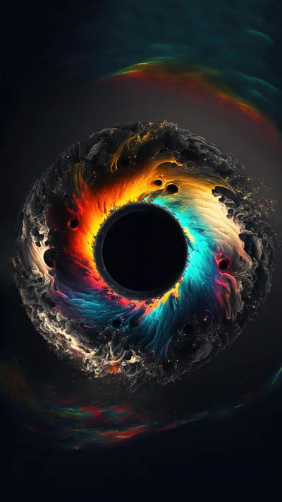 A flat dark circle sits centre frame, ringed by swirling red, blue and gold debris that trails off into the surrounding black.