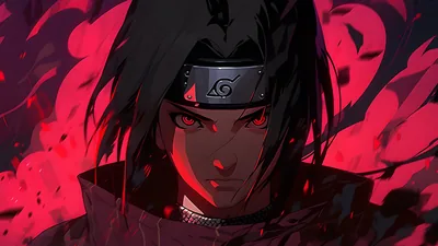 A long-haired shinobi in a Konoha headband stares straight out, red eyes matching the crimson haze and drifting embers behind him.