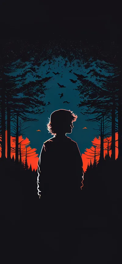 Flat vector art of a boy seen from behind, dark pines and a burnt-orange sunset ahead of him and birds scattered across the sky.