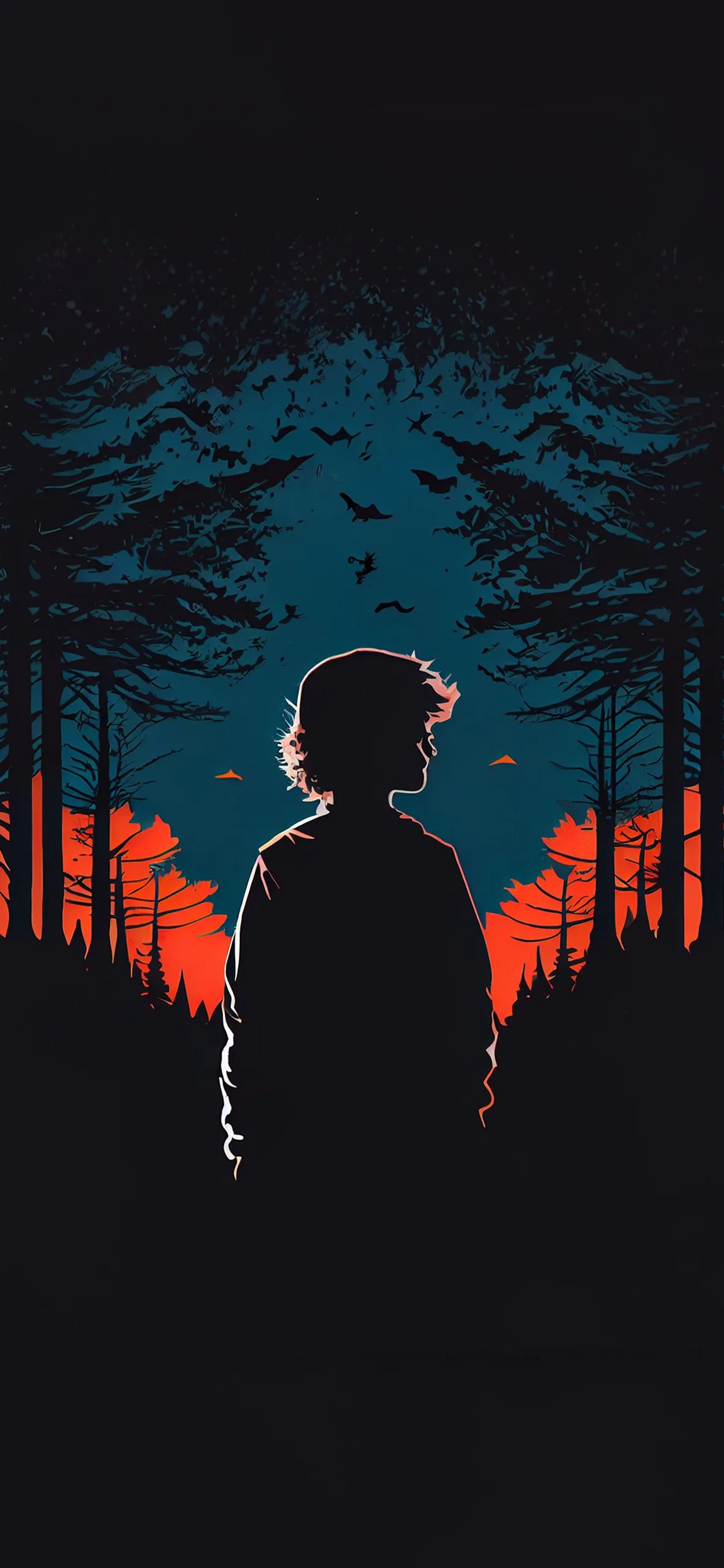Flat vector art of a boy seen from behind, dark pines and a burnt-orange sunset ahead of him and birds scattered across the sky.