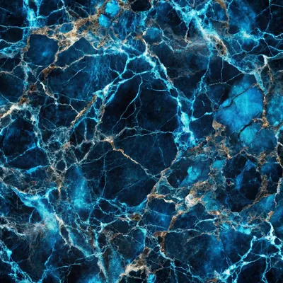A dense web of light fractures covers deep sea blue stone edge to edge, with small rust brown mineral flecks caught along several of the cracks.