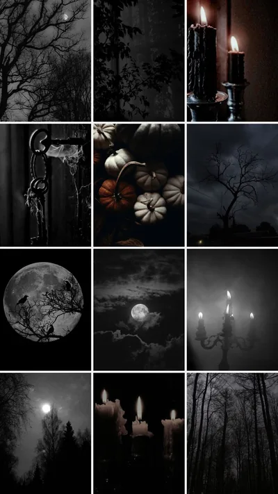A twelve-panel grid of lit candles, pale pumpkins, bare branches and a clouded moon, every frame kept in low grey light.