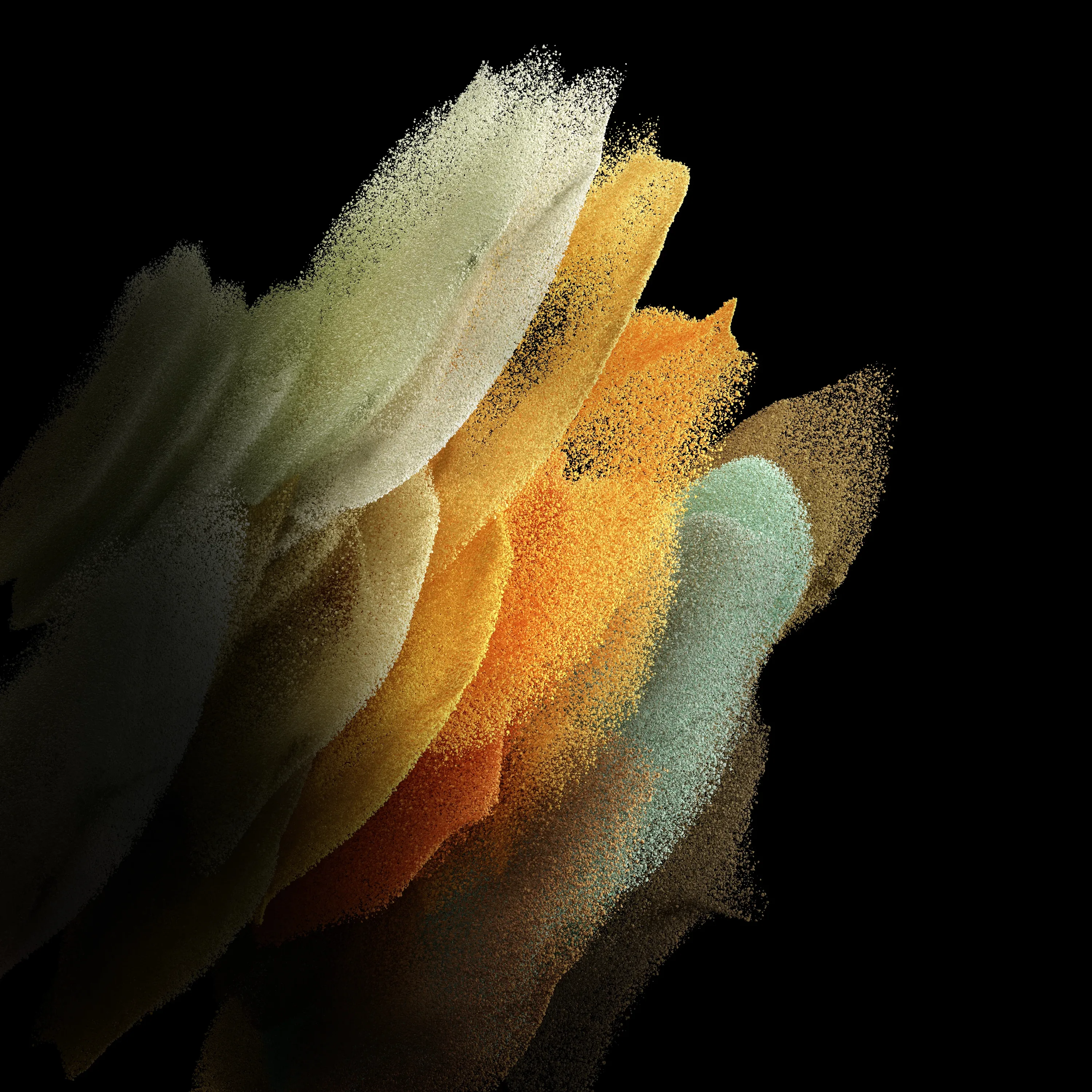 Feathered layers of gold, cream and teal dust sweep in from the left, leaving the right half solid black for OLED screens and app icons.