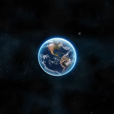A small blue globe floats dead centre in a near-black star field, the wide dark margins suiting OLED screens and square crops alike.