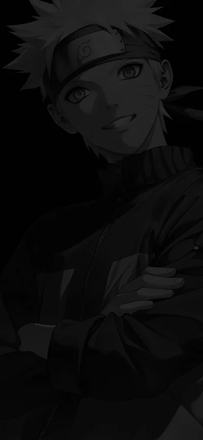 A tall phone crop where Naruto stands with arms folded, grinning — the whole portrait dimmed so far down that only his cheeks and headband lift off the black.