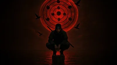A hooded figure crouches on a stone in shallow water while a giant ringed red eye burns behind him, crows crossing the dim red air.