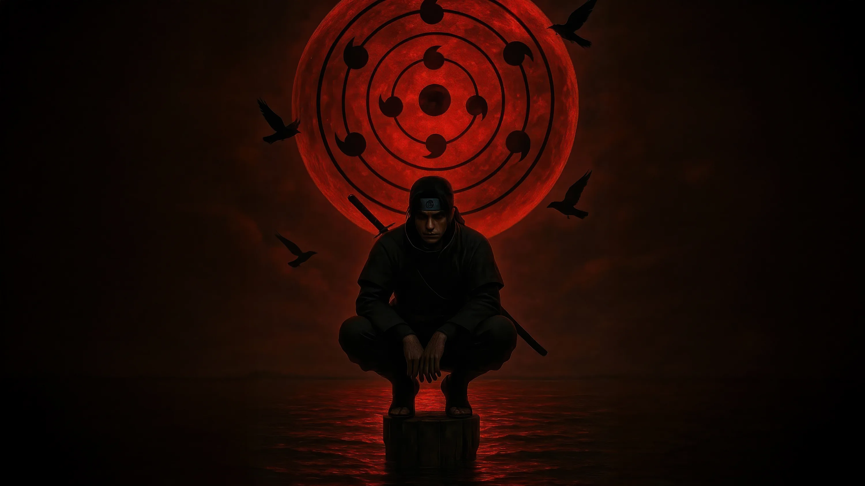A hooded figure crouches on a stone in shallow water while a giant ringed red eye burns behind him, crows crossing the dim red air.