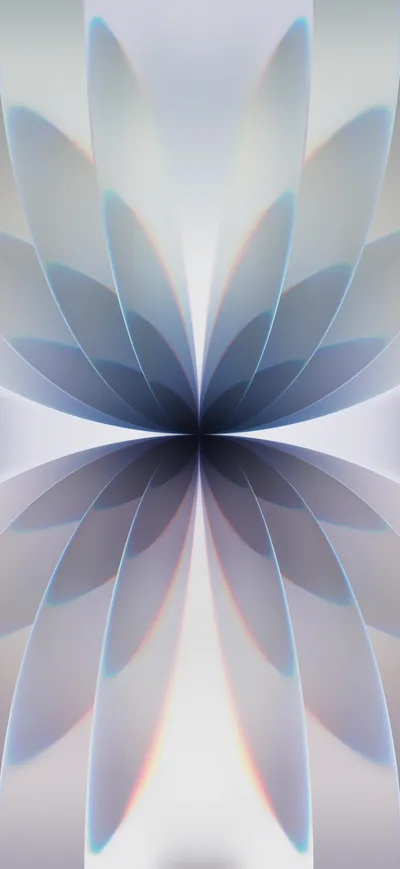Translucent petals overlap into a symmetrical bloom on a near-white ground, blue deepening only where the layers meet at the centre.