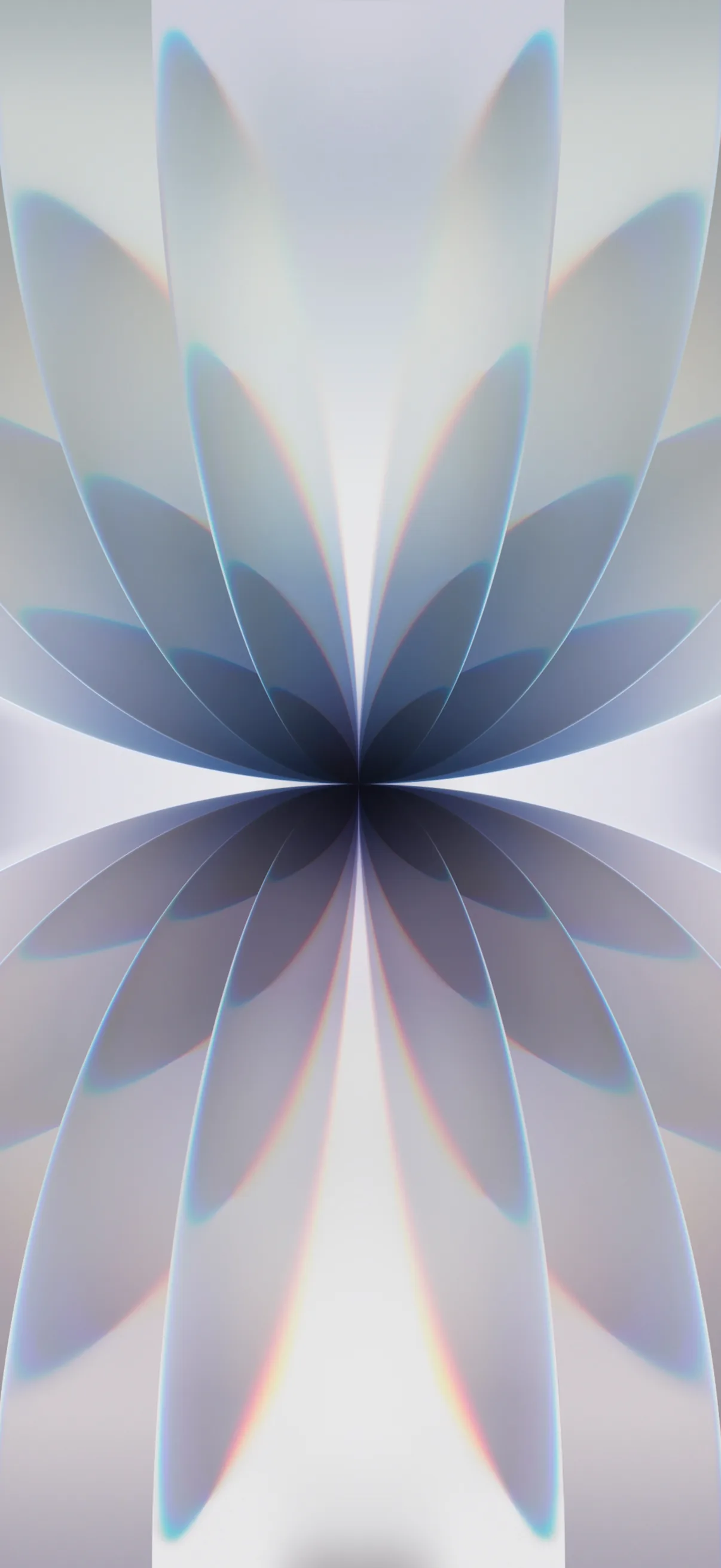 Translucent petals overlap into a symmetrical bloom on a near-white ground, blue deepening only where the layers meet at the centre.