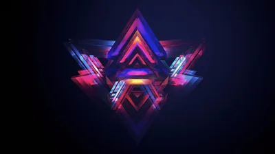 Nested triangles in magenta and electric blue glow at dead centre with glitch streaks flaring to each side, all four corners falling to full black.