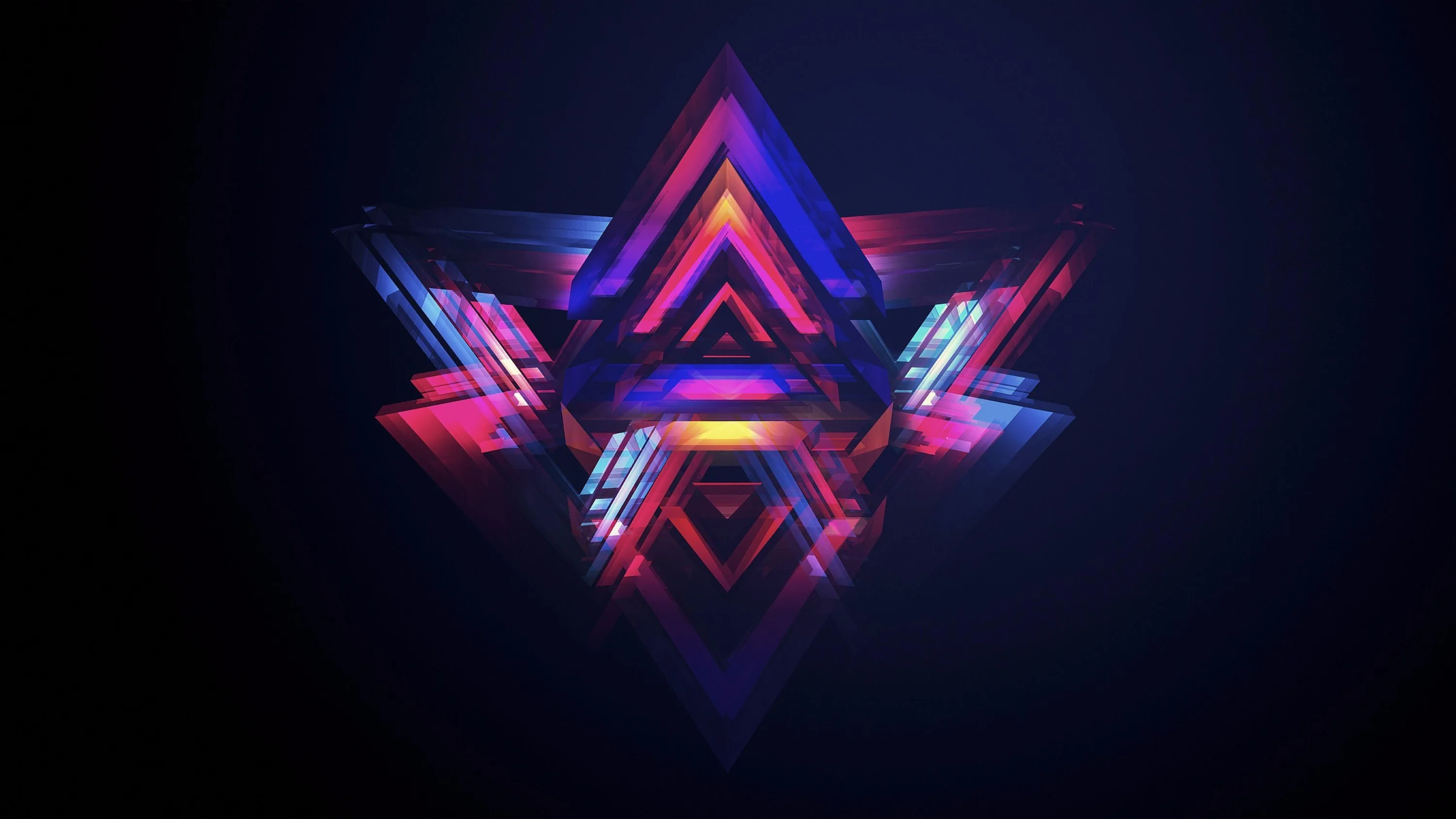 Nested triangles in magenta and electric blue glow at dead centre with glitch streaks flaring to each side, all four corners falling to full black.