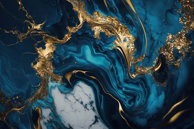 Molten gold streams arc across swirling teal and navy ink, pooling near the top, while a patch of white marble surfaces at the bottom centre.
