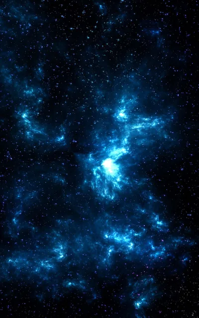 Bright cyan filaments branch out from a glowing knot just above centre, cooling to near-black at the top and bottom of the frame.