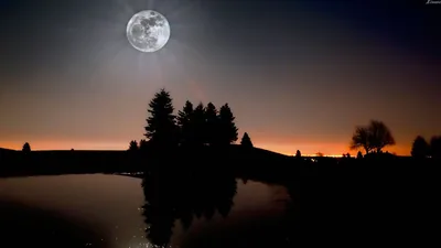 A large moon hangs over a treeline while the last orange light sits on the horizon and mirrors in the water.