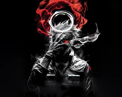 Kakashi covers one eye with a gloved hand beneath a ring of red smoke, drawn in black and white so the red reads even brighter.