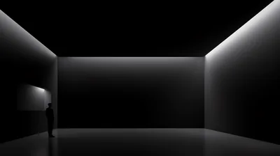 A small figure stands beside a doorway in an empty black room, light running along the wall and ceiling joins.