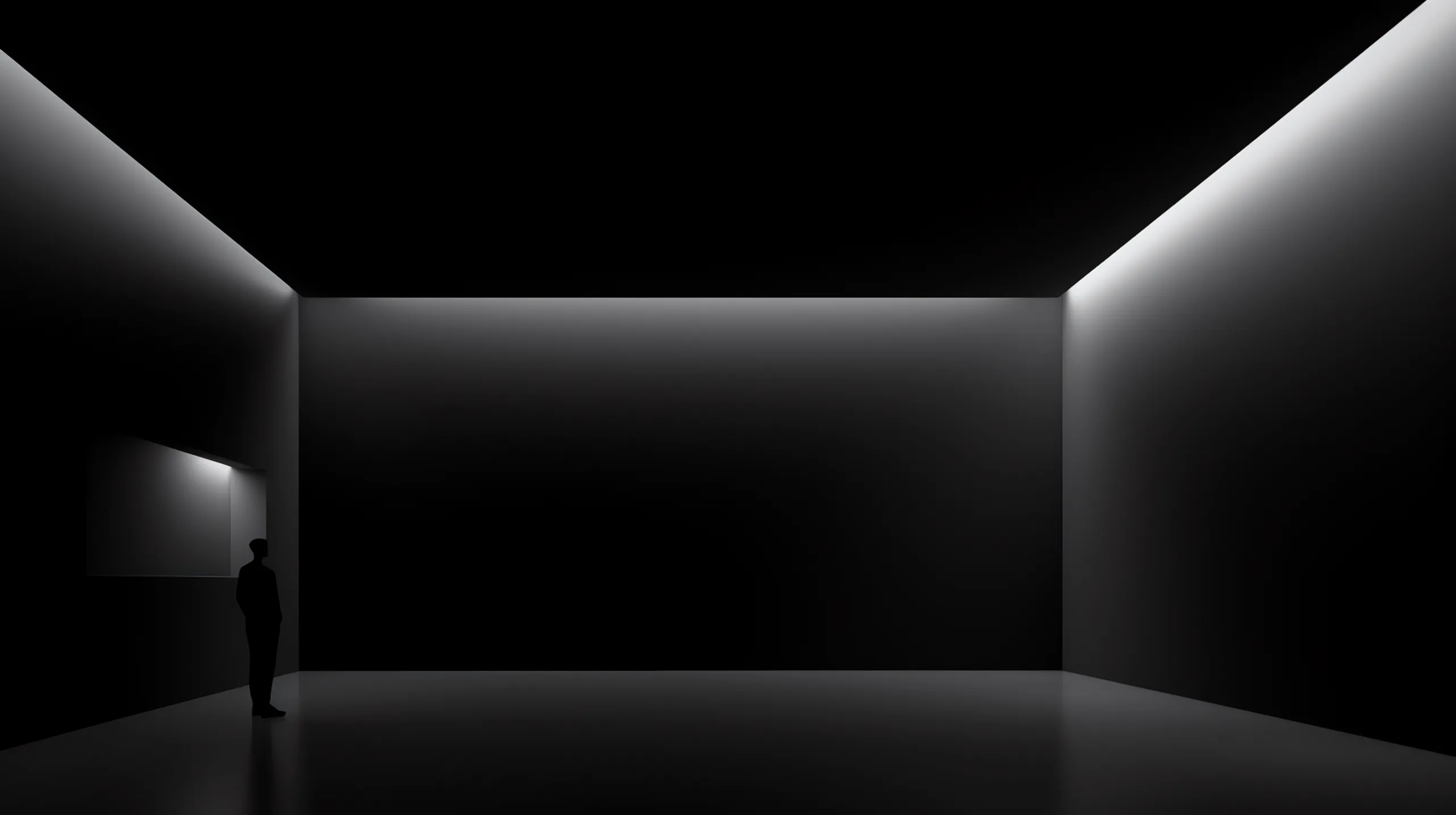 A small figure stands beside a doorway in an empty black room, light running along the wall and ceiling joins.