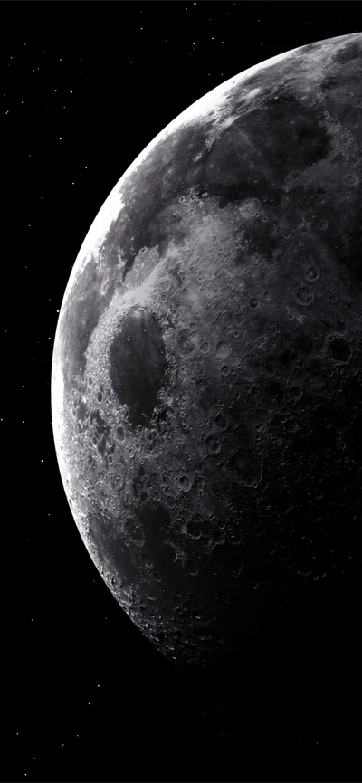 Half the Moon's cratered face slides in from the right in sharp monochrome, the left third staying black star-dotted space for icons and widgets.