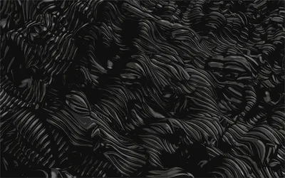 Thick swirling paint ridges cover the whole frame in near-black, a low side light catching the crests so the strokes read as relief.