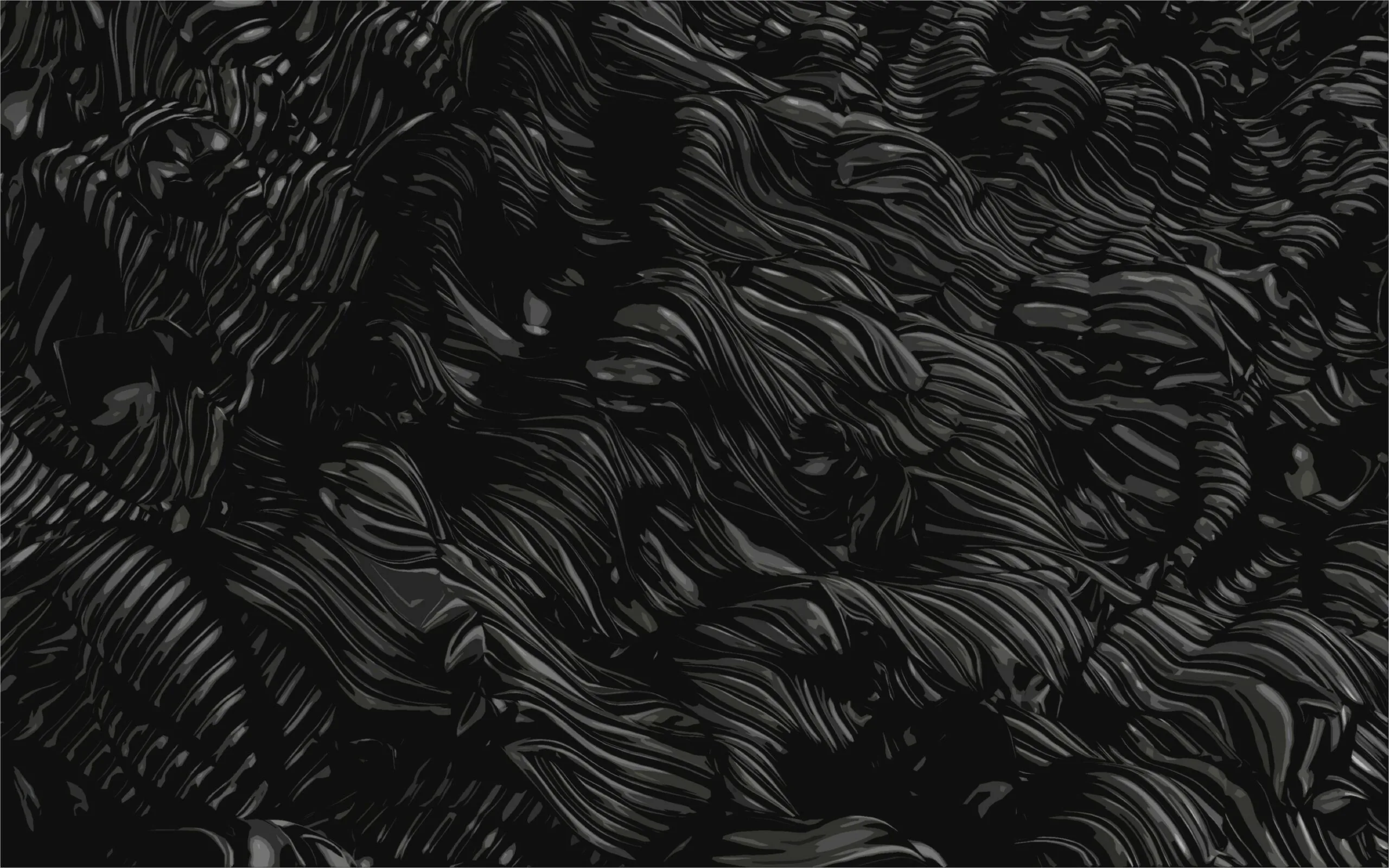 Thick swirling paint ridges cover the whole frame in near-black, a low side light catching the crests so the strokes read as relief.