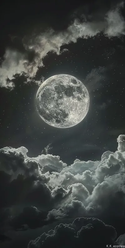 A painterly full moon lights stacked silver-grey clouds from above, the darker sky at the top keeping a lock-screen clock readable.