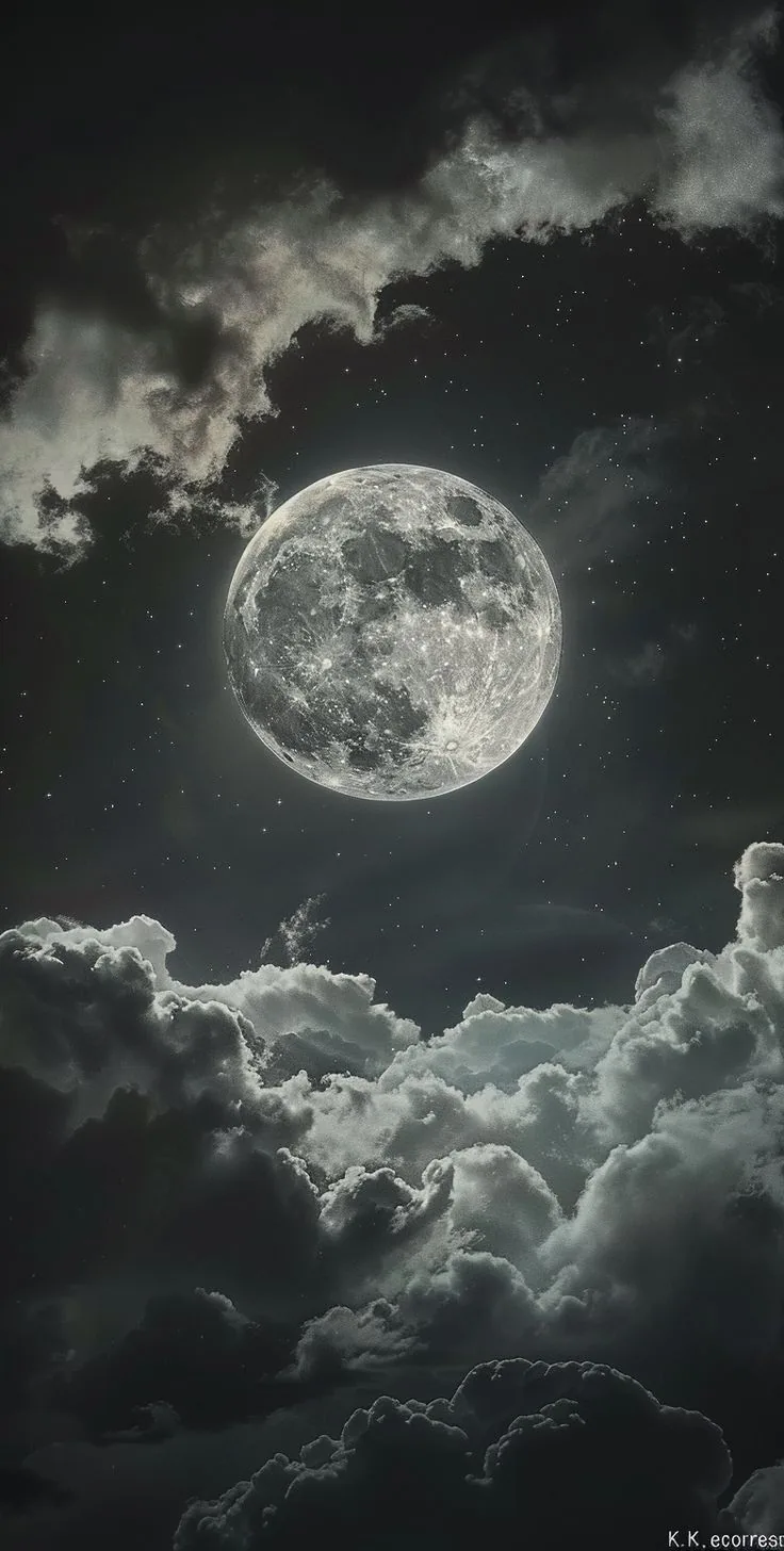 A painterly full moon lights stacked silver-grey clouds from above, the darker sky at the top keeping a lock-screen clock readable.
