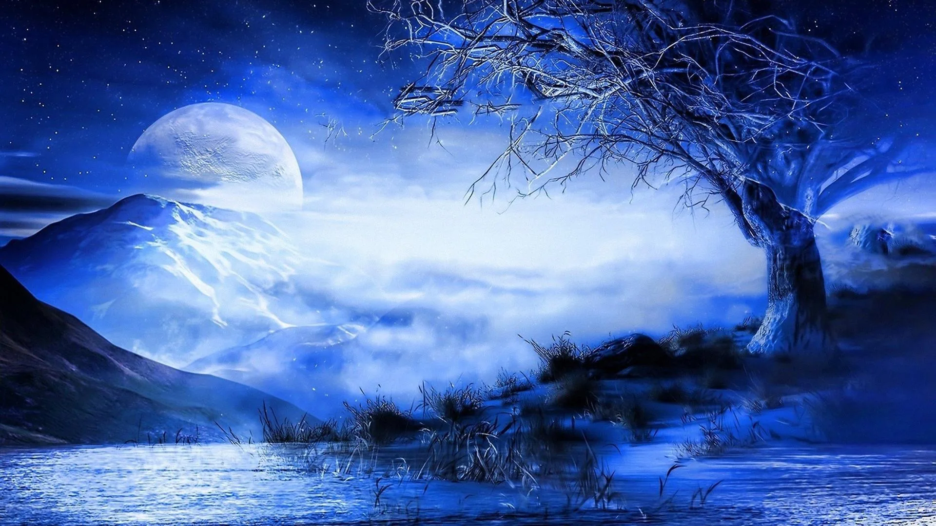 A bare tree leans over still water while a large moon rises behind fog-wrapped peaks, the whole scene washed in cold blue.