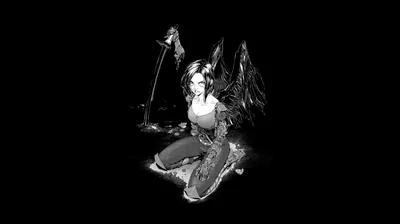 A winged girl kneels beside a tall scythe in a small pool of light, the rest of the frame dropping away into flat black.