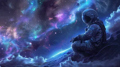 Digital painting of an astronaut crouched on moonlit clouds beneath a nebula in purple and blue, the figure set right of centre so a phone crop keeps it whole.