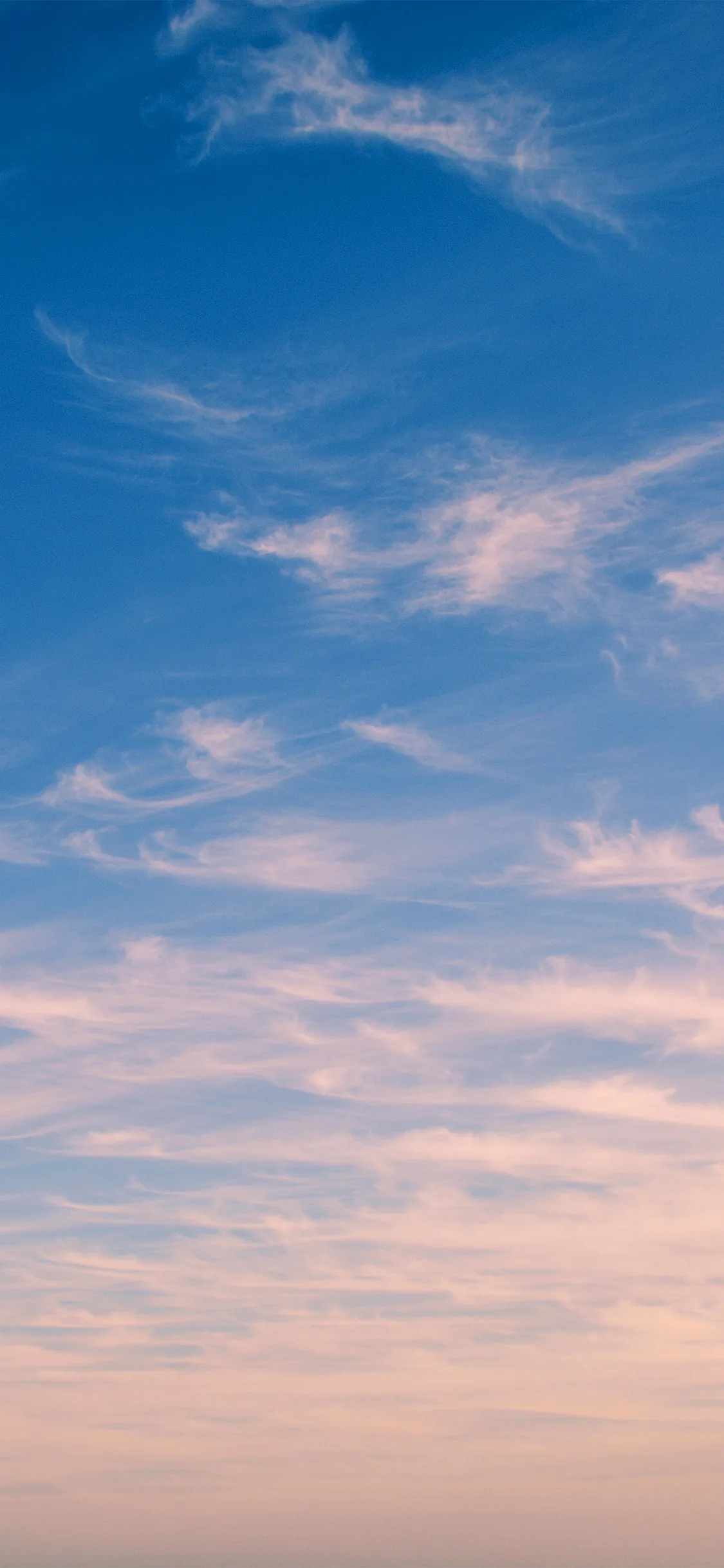 Thin pink cirrus streaks cross a blue evening sky, warming to pale peach near the bottom — a quiet backdrop that keeps app icons legible.