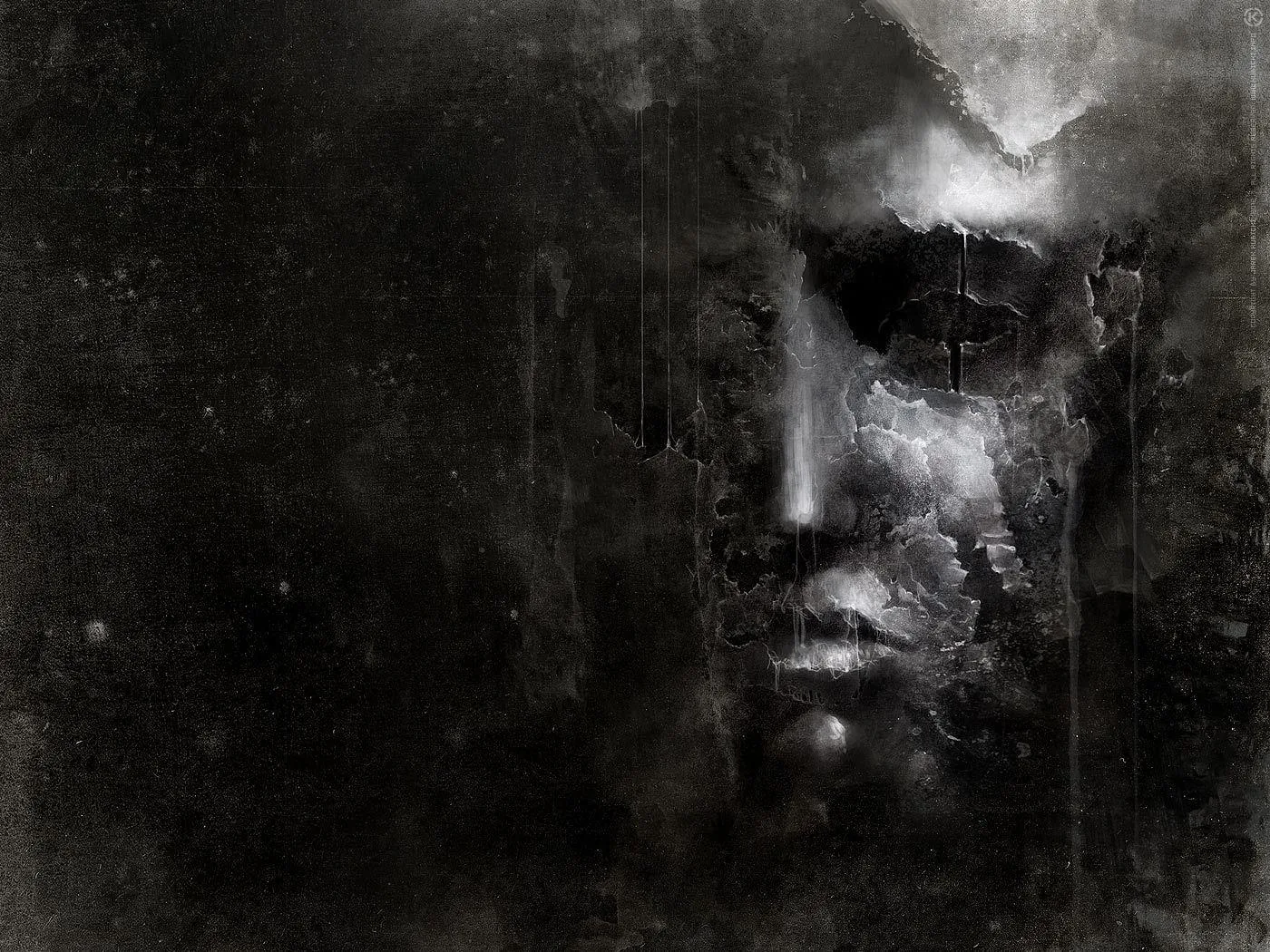 A face surfaces out of cracked paint and soot, one cheek catching a pale glow while the rest sinks back into the mottled dark.