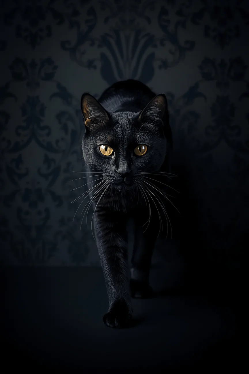 A black cat steps forward out of the shadow, amber eyes and whiskers catching the light against a faded damask wall.