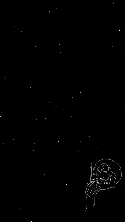 A thin white line drawing of a skull propped on bony fingers sits tucked into the bottom-right corner, faint star specks dotting the black above where the clock lands.