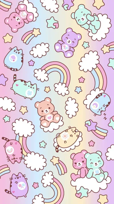 Bears, grey cats and clouds tumble down a lilac to mint gradient, sized and spaced so an icon grid hides only one doodle at a time.