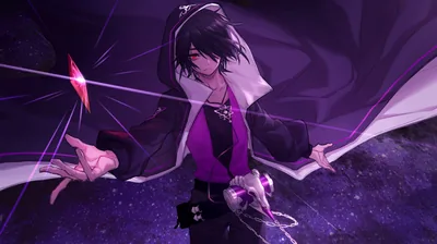 A black-haired figure in violet-trimmed robes extends an open hand toward a floating red crystal, fine thread-like lines crossing the starry purple field around them.