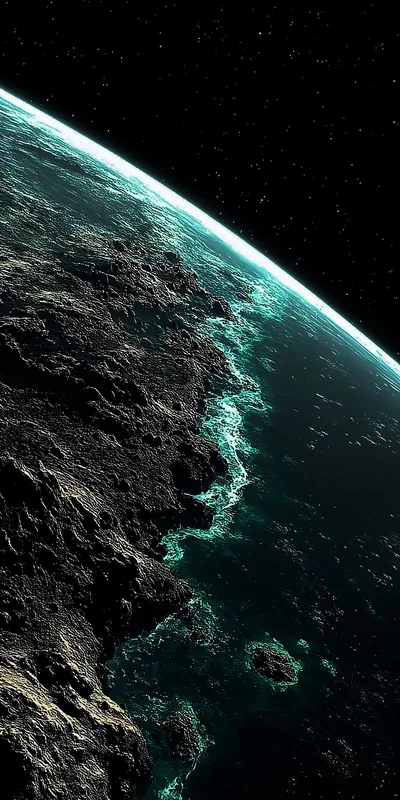 A rocky planet curves across the frame with turquoise light glowing along its coastline and a thin atmosphere above.