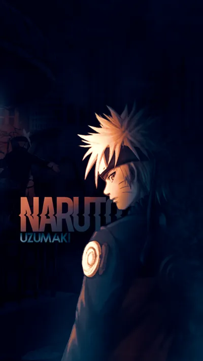 Naruto's profile sinks into deep blue shadow with UZUMAKI lettering across his chest — a dark lock screen that keeps white clock text legible.