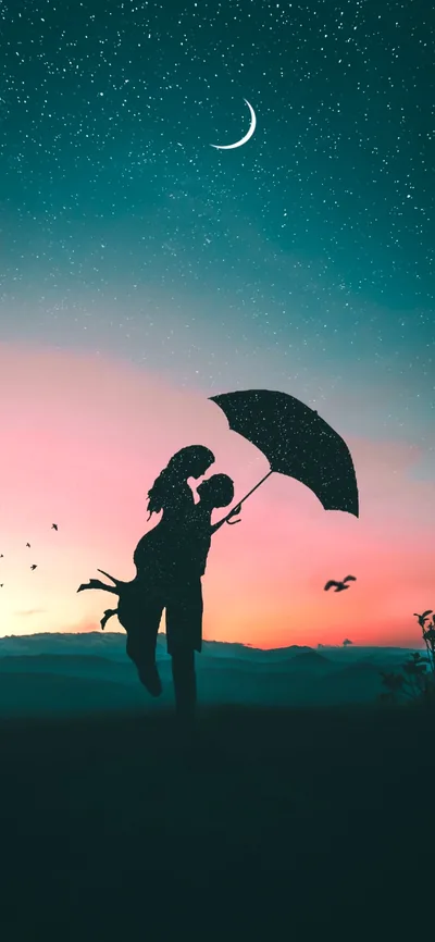 A silhouetted pair kiss beneath an open umbrella as birds scatter, teal sky above shading down to a pink and orange band.