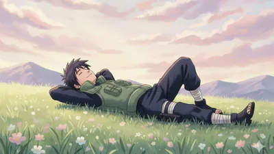 Shikamaru lies back in a flowered meadow with hands behind his head, pastel pink clouds keeping the whole upper half soft and clear for desktop icons.