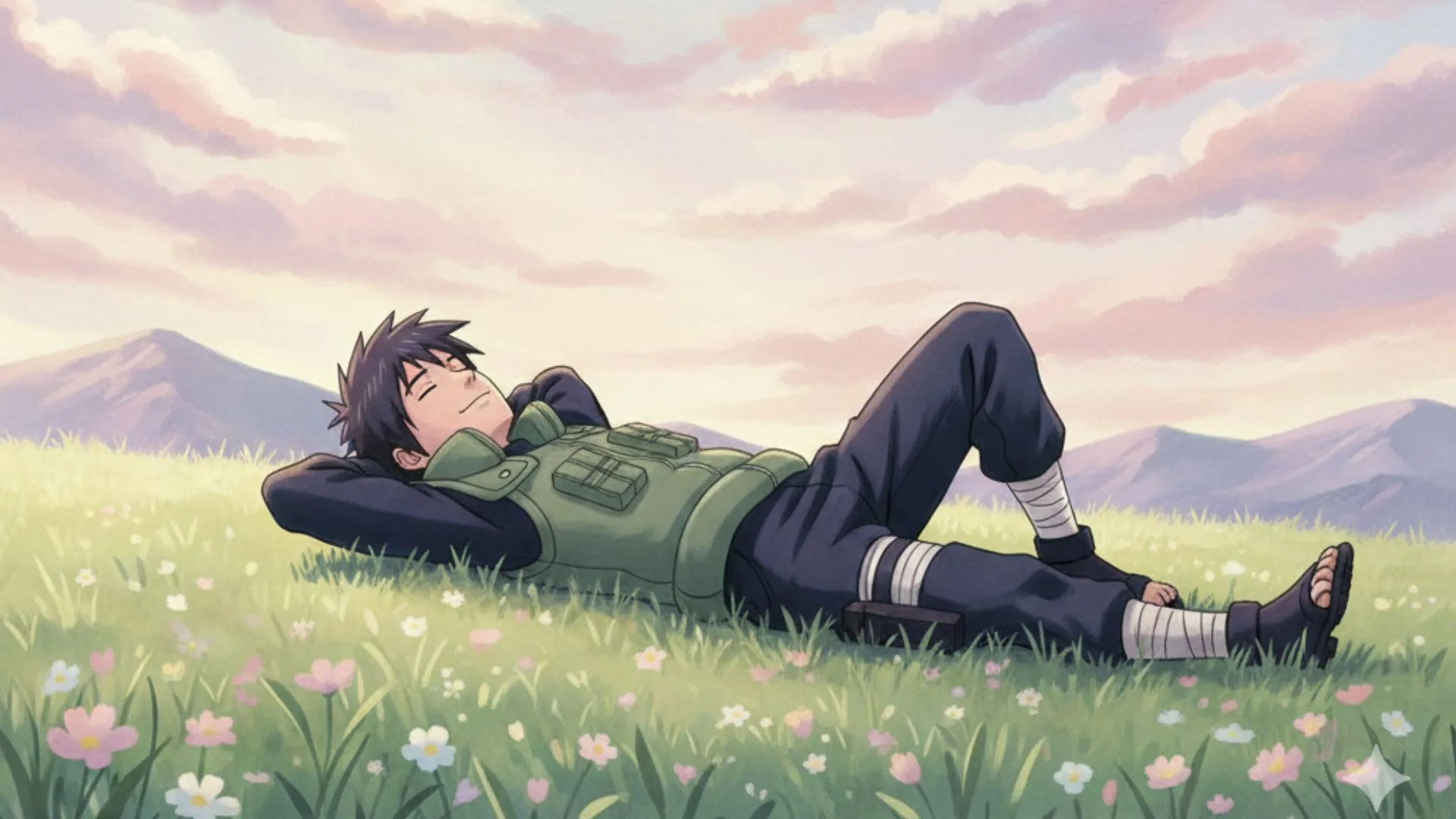 Shikamaru lies back in a flowered meadow with hands behind his head, pastel pink clouds keeping the whole upper half soft and clear for desktop icons.