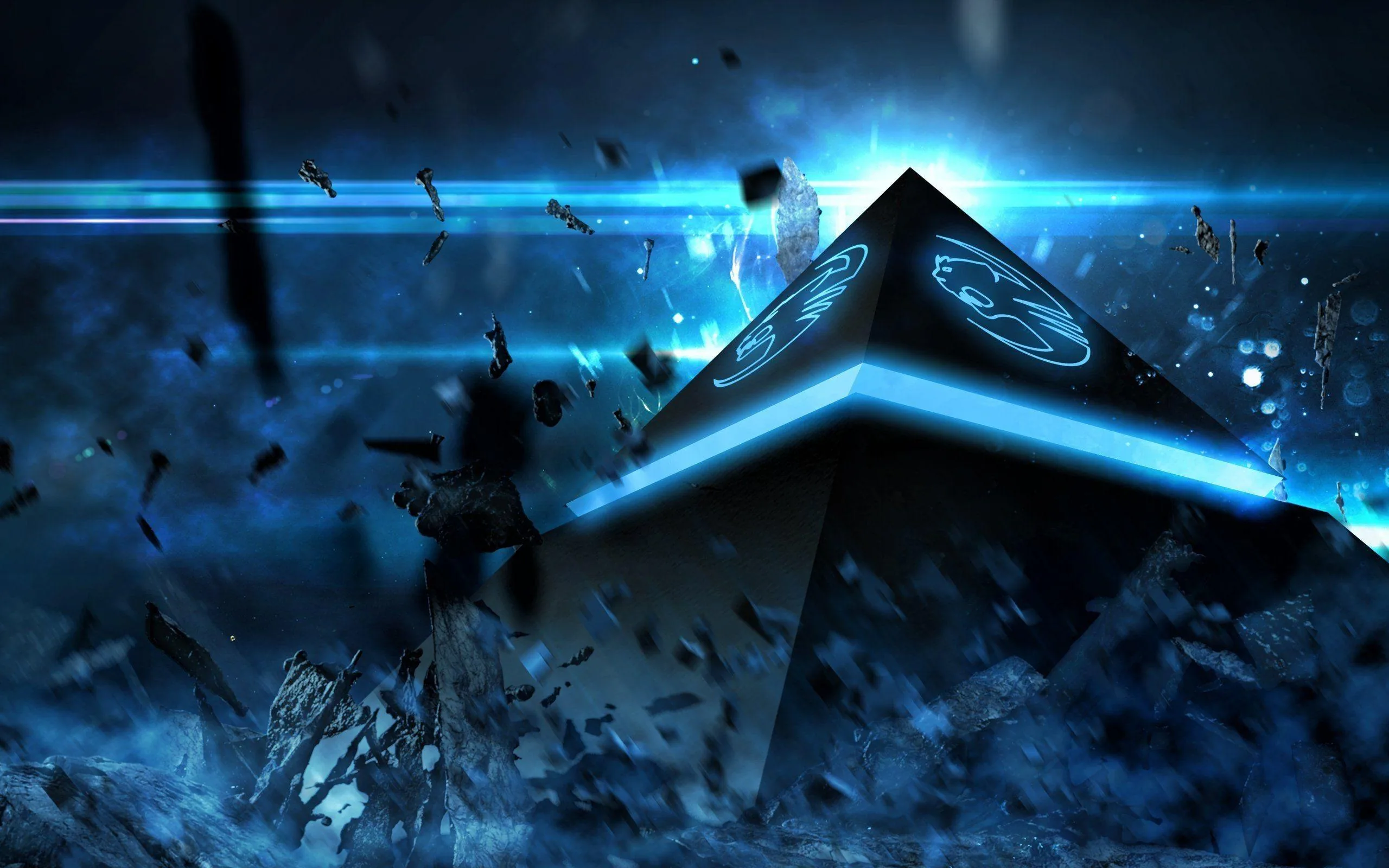A dark pyramid marked with glowing symbols sits under a beam of blue light, chunks of rock breaking apart around its base.
