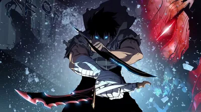 A dark-coated fighter holds twin curved blades low, blue light burning in both eyes and a red crystal glowing over one shoulder.