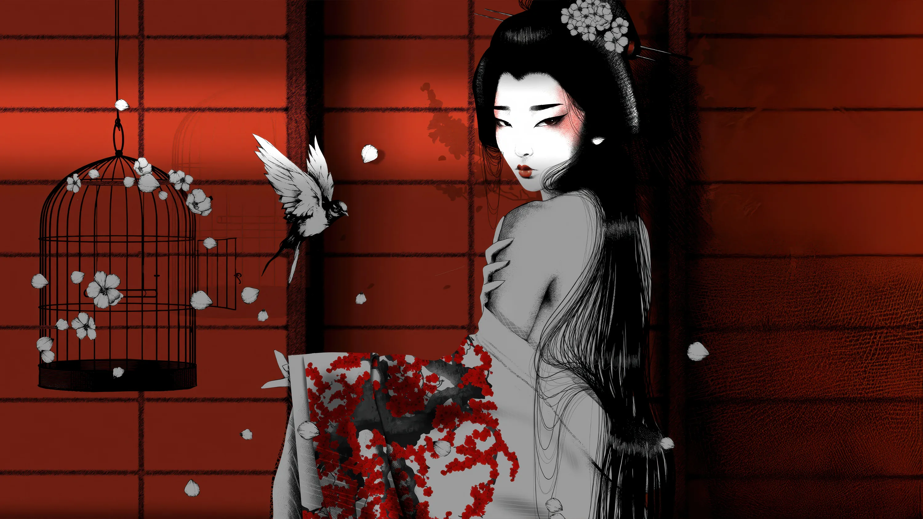 A pale geisha turns before a deep red wooden wall while a crane swoops past a hanging birdcage of plum blossoms, white petals drifting across the frame.